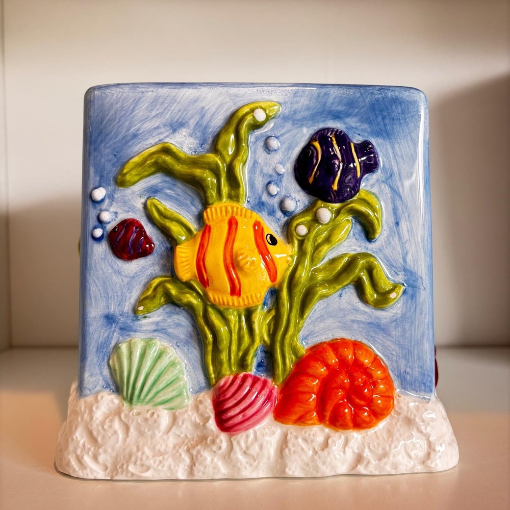 Vintage 3D Ceramic Seaside Cube Tissue Box Cover Seahorse Shells Tropical Fish - Picture 5 of 7